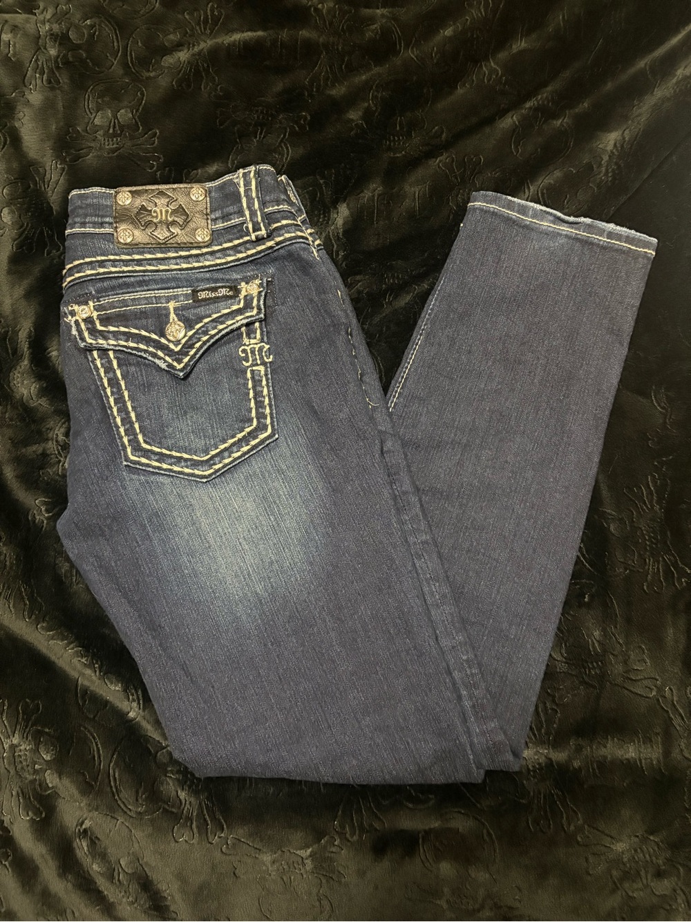 Miss Me Women's Dark Blue Embroidered Pocket Skinny Jeans